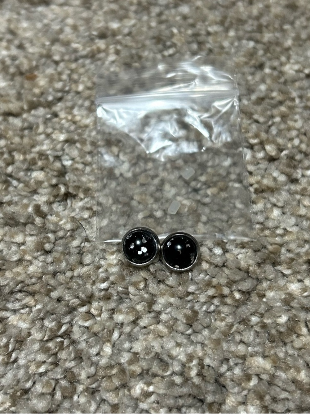 3/$10 Glossy Black with Silver Sparkles Round Stud Earrings in Silver Setting
